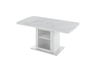 Table à manger extensible 120-160 x 80 cm avec meuble de rangement intégré, plateau mdf effet marbre blanc, porte vitrée et base métal