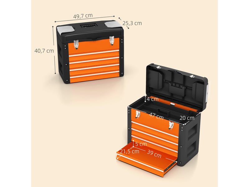  Boîte à outils 4 tiroirs plateau amovible 2 boites visserie acier pp noir orange  - Conforama C
