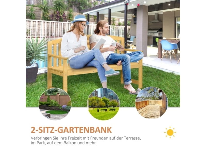  Banc de jardin 2 places en bois orange, résistant aux intempéries, dossier, 240 kg, 140x50x85 cm  - Conforama B