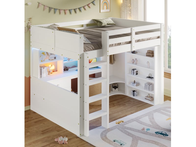 Lit combiné enfant 140 x 200 cm blanc avec led, bureau, armoire et rangements - Conforama D