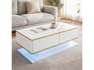 Table basse avec 3 tiroirs, 1 niche ouverte et led, finition brillante, pour salon, 100 × 50 × 40 cm, blanc et or
