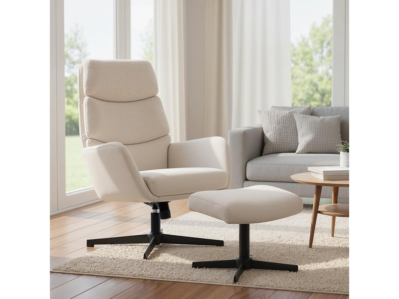  Fauteuil rembourré avec repose-pieds, fauteuil lounge à dossier haut, piètement en métal, pour salon, chambre, beige  - Conforama C