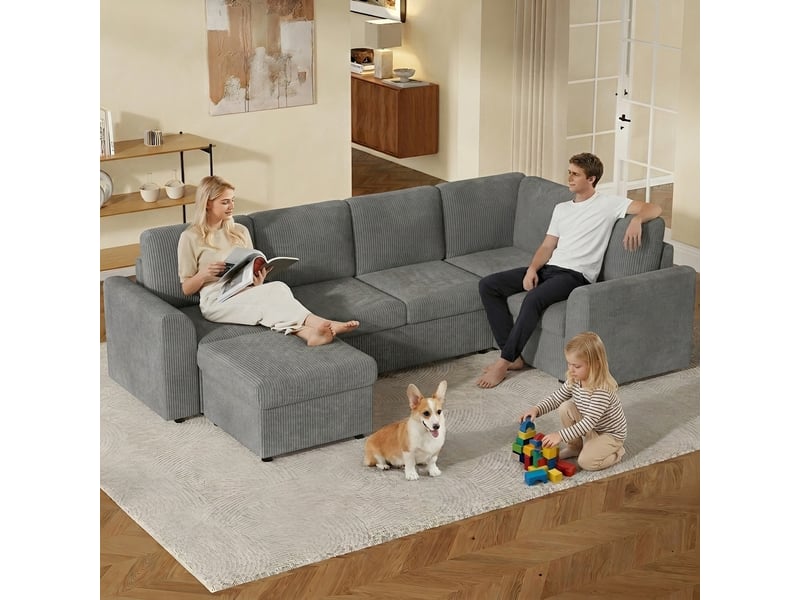  Canapé d'angle convertible 6 places en velours côtelé gris, avec pouf à rangement, 282×153×85 cm, mousse haute densité  - Conforama B