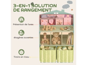 Meuble rangement enfant, bibliothèque enfants avec étagères ouvertes et 2 tiroirs en tissu, vert, mdf