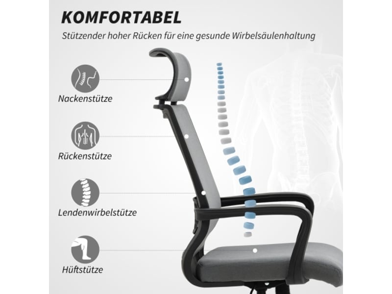  Chaise de bureau ergonomique en fausse laine gris foncé, appui-tête, accoudoirs, inclinable, réglable en hauteur  - Conforama D
