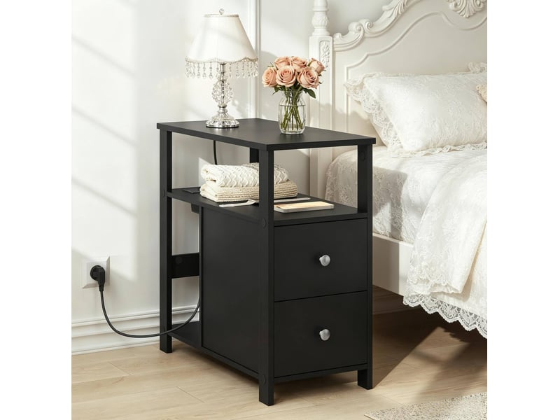 Table de chevet avec 2 tiroirs et 2 étagères prise intégrée pour chambre ou salon en bois noir 60 × 30 × 60 cm - Conforama E