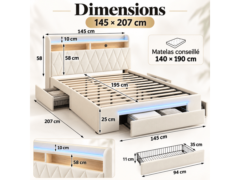Lit 2 personnes 140x190 cm avec 3 tiroirs de rangement, lit adulte avec led et ports usb type-c, sommier à lattes, velours, beige - Conforama E