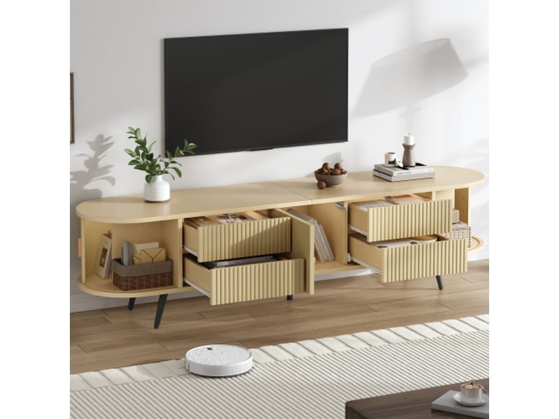  Meuble tv bois ovale 180x40x45 cm – rayures, 4 tiroirs, 1 placard, portes à volet roulant, pour tv 80 pouces  - Conforama D