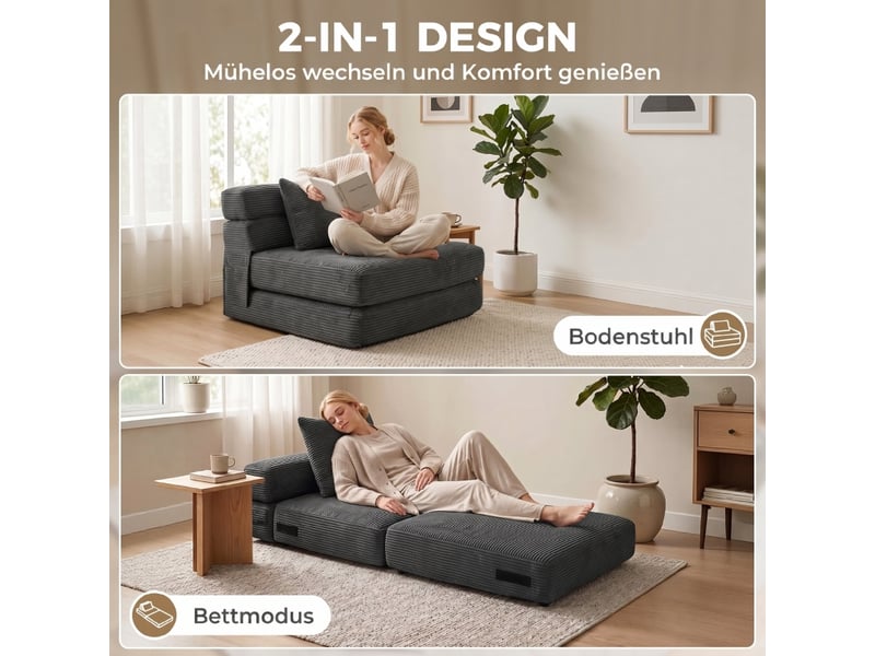  Fauteuil de sol convertible en lit une place, pliable en velours côtelé gris foncé, avec coussin lombaire pour salon  - Conforama E
