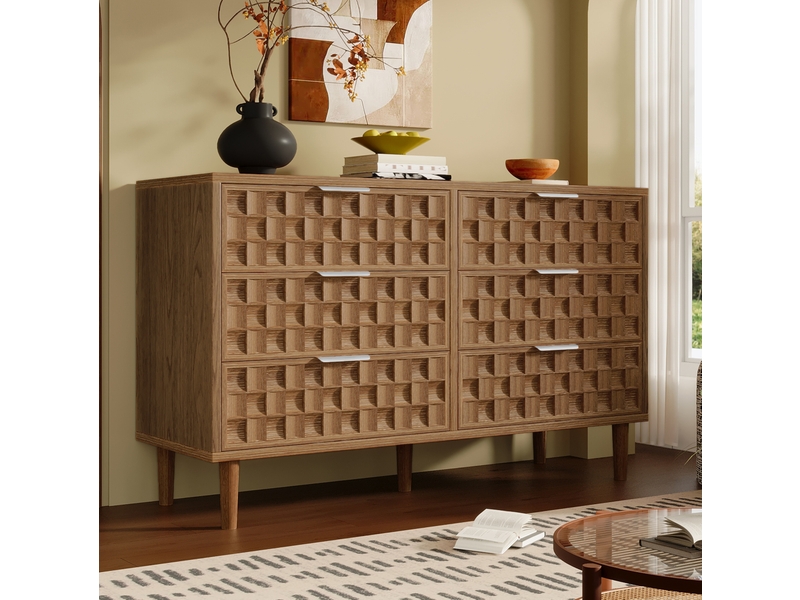  Buffet et enfilade avec 6 tiroirs et poignées métalliques, style vintage pour salon en mdf chêne 120 × 37 × 77 cm  - Conforama D