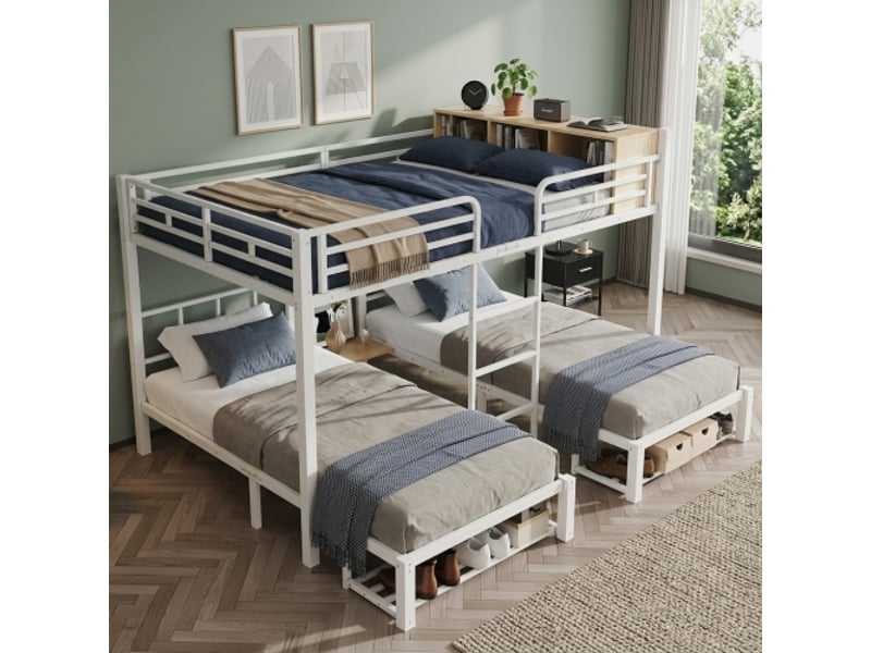  Lit superposé 3 couchages 140x200 + 2x90x200 cm blanc en métal avec étagère et rangements  - Conforama E