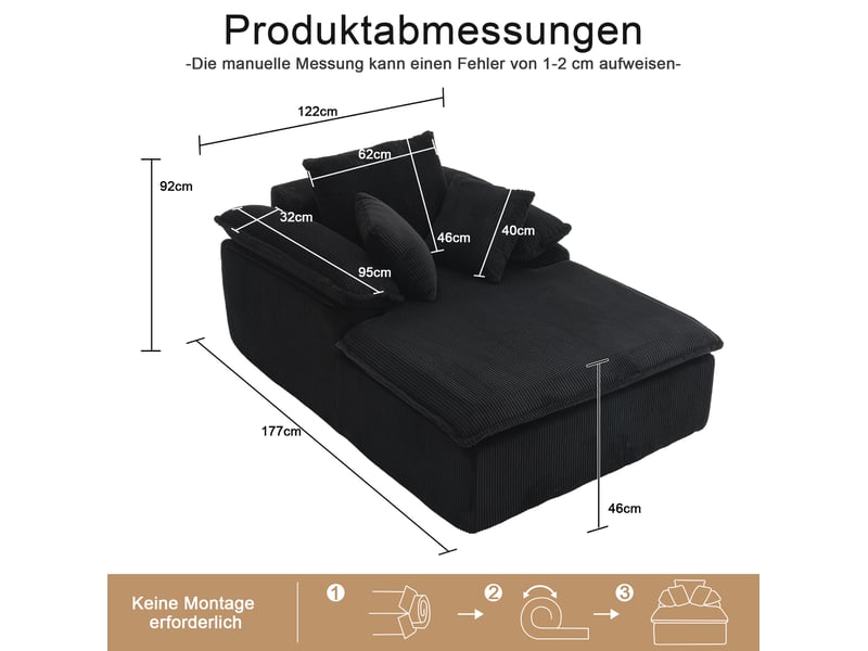  Canapé droit relax 1 place en velours côtelé noir, sans montage, avec larges accoudoirs pour lire confortablement  - Conforama C