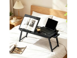 Table de lit pliable pour ordinateur portable en bambou noir, hauteur réglable et plateau inclinable 30° à 60°