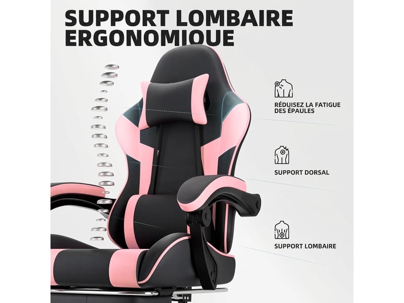  Chaise gamer ergonomique en cuir pu respirant, charge maximale 200 kg, fauteuil gamer noir et rose  - Conforama B