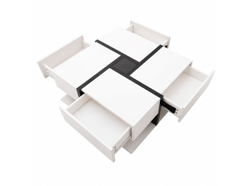  Table basse carrée noire et blanche brillante avec 4 tiroirs, 78 x 78 x 36 cm  - Conforama A