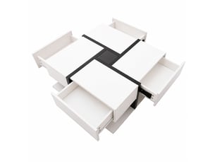 Table basse carrée noire et blanche brillante avec 4 tiroirs, 78 x 78 x 36 cm