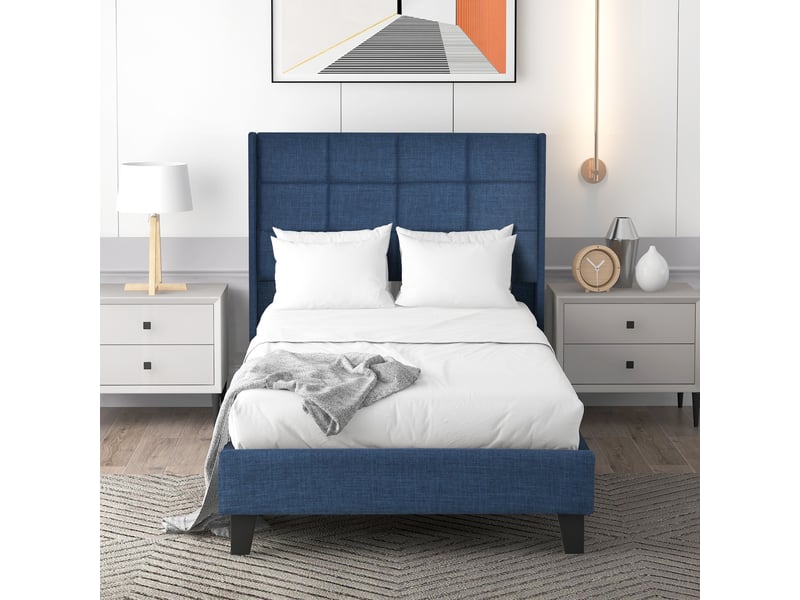  Lit capitonné, lit enfant 90x200 cm, sommier à lattes, matelas inclus, lin bleu  - Conforama R