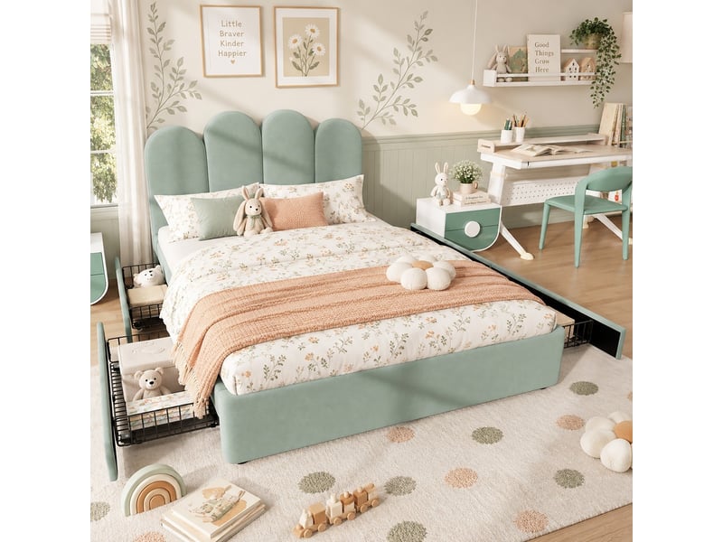 Lit avec rangement vert velours, lit jeune 140x200 cm, surface de couchage confortable, design plat pour look moderne - Conforama D