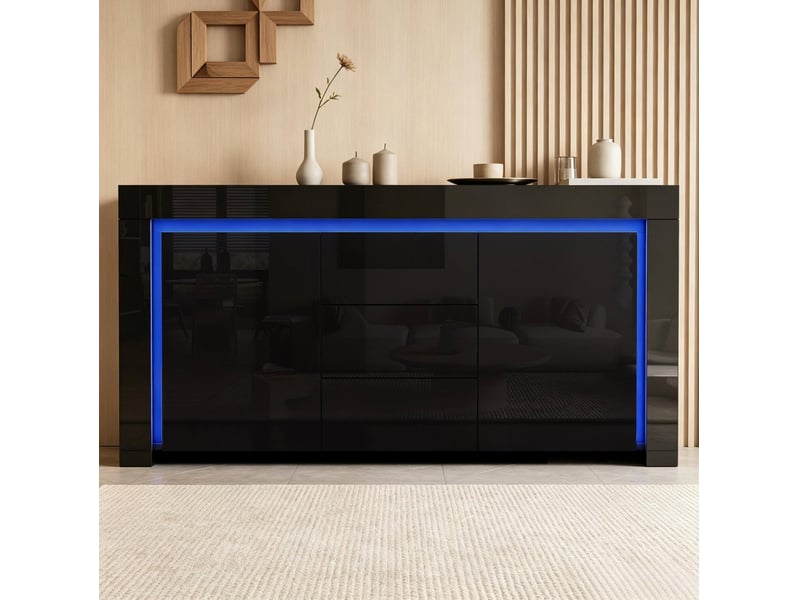  Buffet bas 140 x 40 x 65 cm noir, 2 portes, 3 tiroirs, led et étagères réglables  - Conforama D