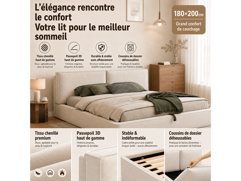  Lit capitonné, lit double, 180 x 200 cm, sommier à lattes, tête de lit capitonnée en chenille beige  - Conforama E