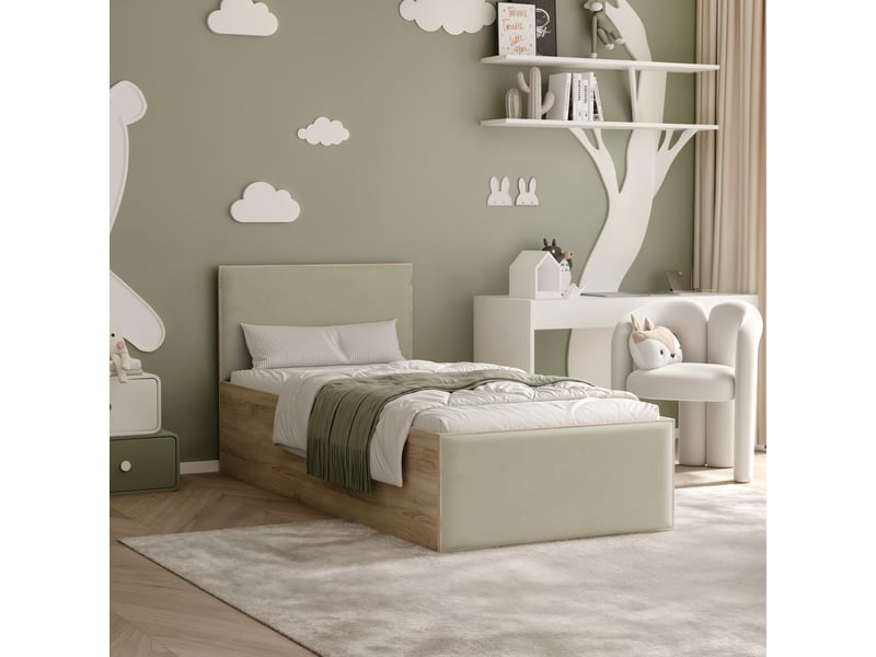  Lit coffre sashi - 90x200 cm - avec matelas - tissu velours - sonoma gris-vert SASHI - Conforama B