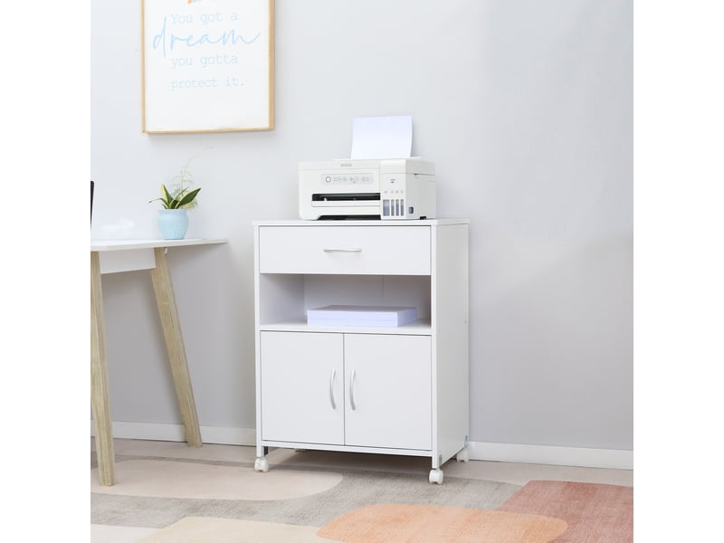  Support pour imprimante à 4 roulettes, tiroir et armoire, 60 x 39 x 80 cm - blanc  - Conforama C