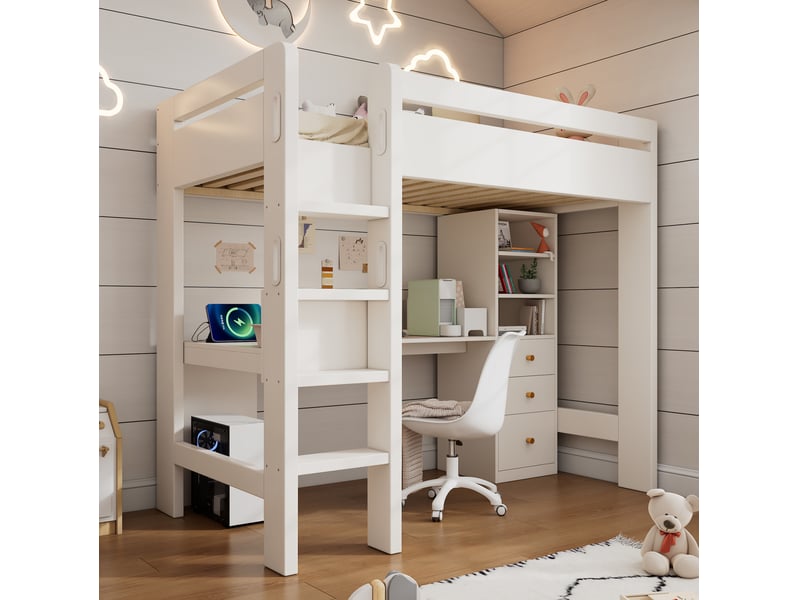  Lit mezzanine enfant 90x200cm avec bureau en l, tiroirs, étagère, port usb type-c, sommier, bois blanc, sans matelas  - Conforama C