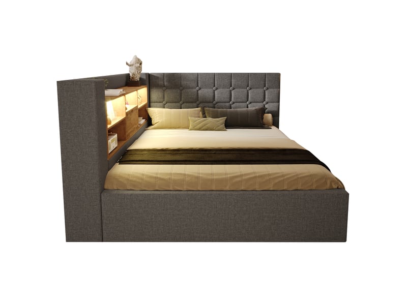  Lit coffre 140x200 cm avec matelas, tissu gris et led  - Conforama R