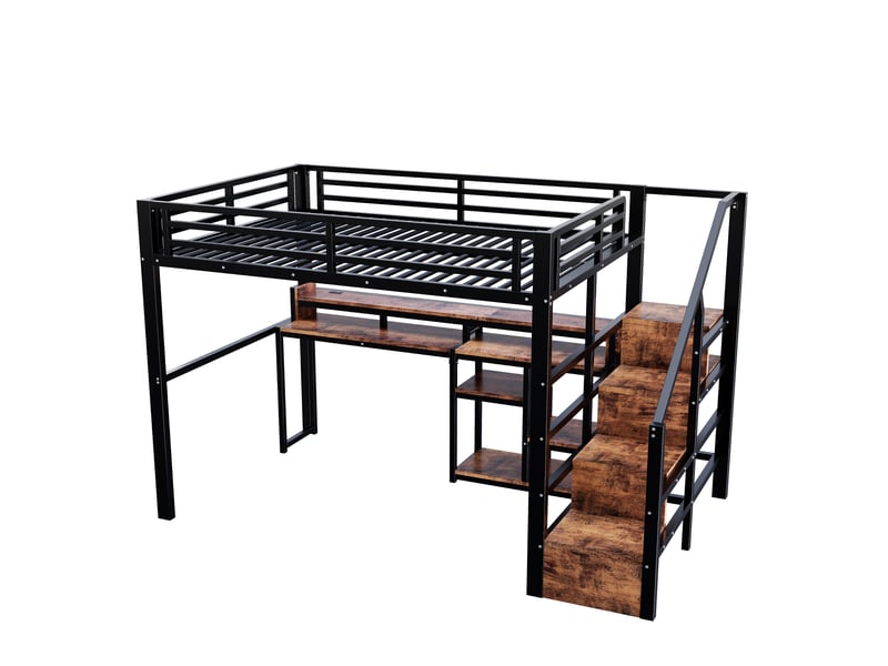  Lit mezzanine enfant 140x200 cm, cadre de lit en métal, échelle avec rangement, ports usb et type-c, bande led, noir  - Conforama A