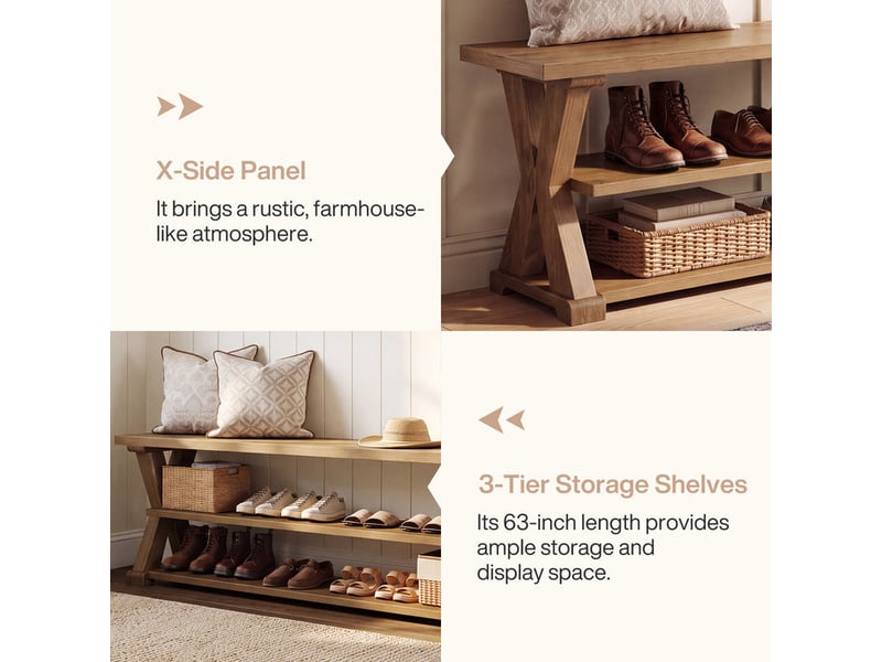  Banc de rangement pour entrée de 160 cm avec étagères (3 niveaux), banc à chaussures en bois style ferme avec côtés en croix pour couloir ; meuble de rangement rustique pour salon, chambre ou véranda  - Conforama E