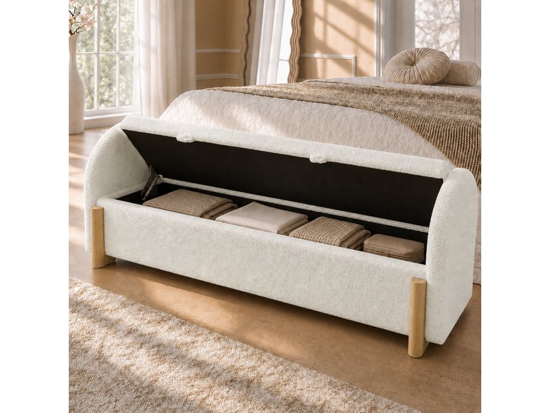  Banc coffre 186 cm avec rangement hydraulique, banquette de lit en bouclé chenille, coffre de rangement avec fermeture douce - beige  - Conforama C