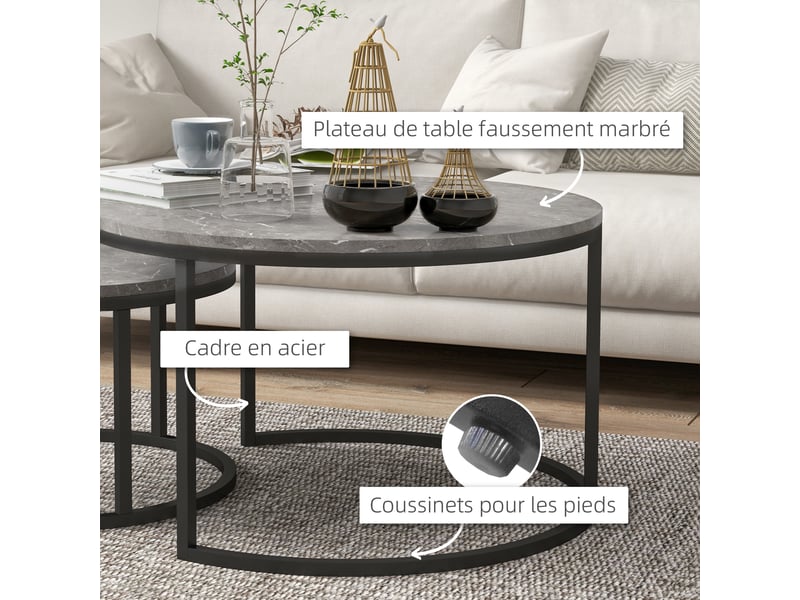  Lot de 2 tables basses gigognes empilable design industriel plateau imitation ciment pieds en métal gris  - Conforama R