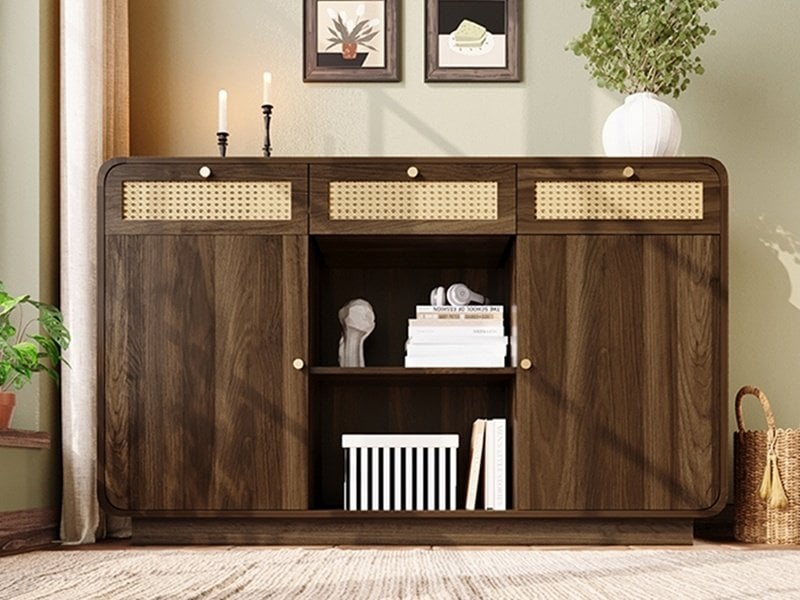  Commode à 3 tiroirs et 2 portes, 120 x 40 x 85 cm, façades en cannage de rotin et niche ouverte, effet noyer  - Conforama B