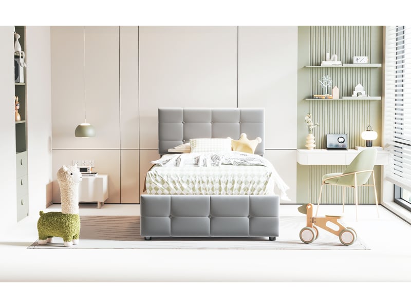  Lit enfant 90x200 cm avec coffre hydraulique et tête de lit réglable en velours gris structure mdf et métal Sol Morn - Conforama E
