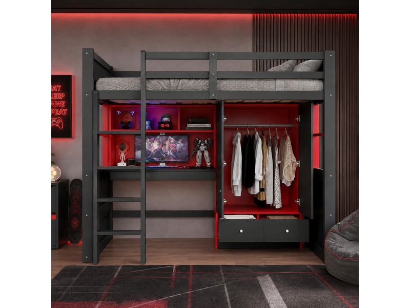  Lit surélevé 90 x 200 cm noir et rouge pour enfant, échelle, rangement, bureau et penderie  - Conforama D