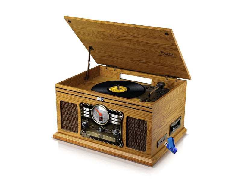  Bm sonic britz tourne-disque rétro 50w 33-45-78 tours bluetooth usb sd radio fm lecteur cd cassette stéréo bois + clé usb 32go  - Conforama B