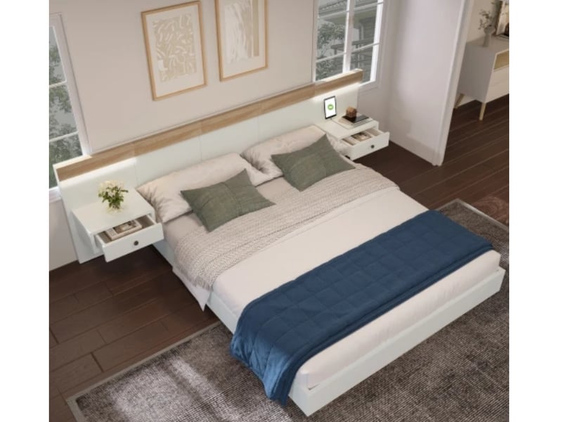  Lit double 160×200, 2 chevets led + usb-c, bois, chêneblanc, sans matelas  - Conforama D