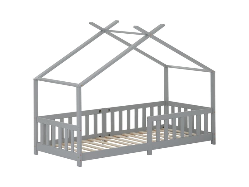  Lit cabane enfant 90 x 200 - construction bois massif - lit enfant - barrière de sécurité - rangements  - Conforama E
