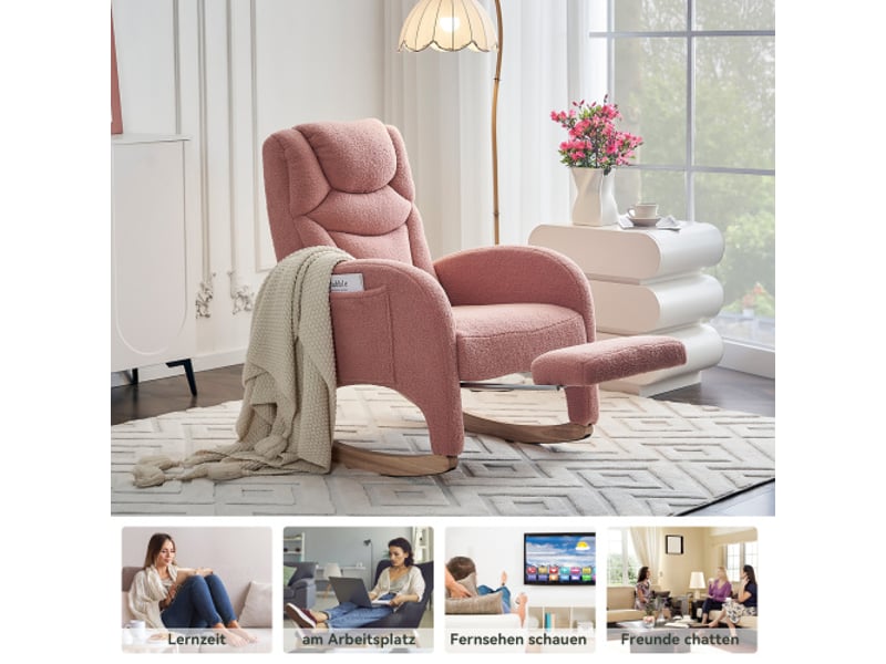  Fauteuil à bascule - modèle 052 - tissu peluche rose - accoudoirs &amp; repose-pieds pliable - capacité 110 kg  - Conforama E