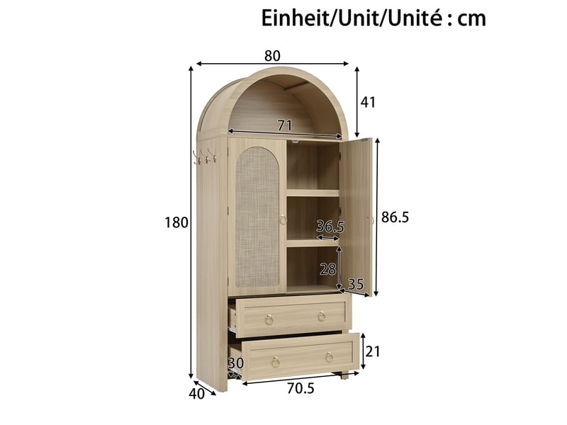  Armoire de rangement 80x40x180 cm avec portes en cannage rotin, style arqué, 2 tiroirs et étagères, buffet haut - aspect chêne  - Conforama E