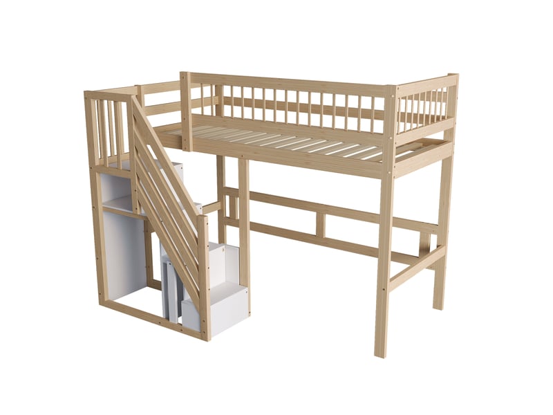  Lit mezzanine 90x200 cm en bois naturel, escalier avec rangement et barrières hautes  - Conforama A
