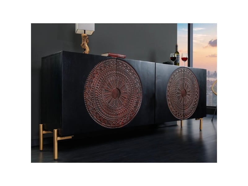  Buffet mahara 160 cm en bois de manguier massif – 4 portes sculptées noir, marron et doré  - Conforama E