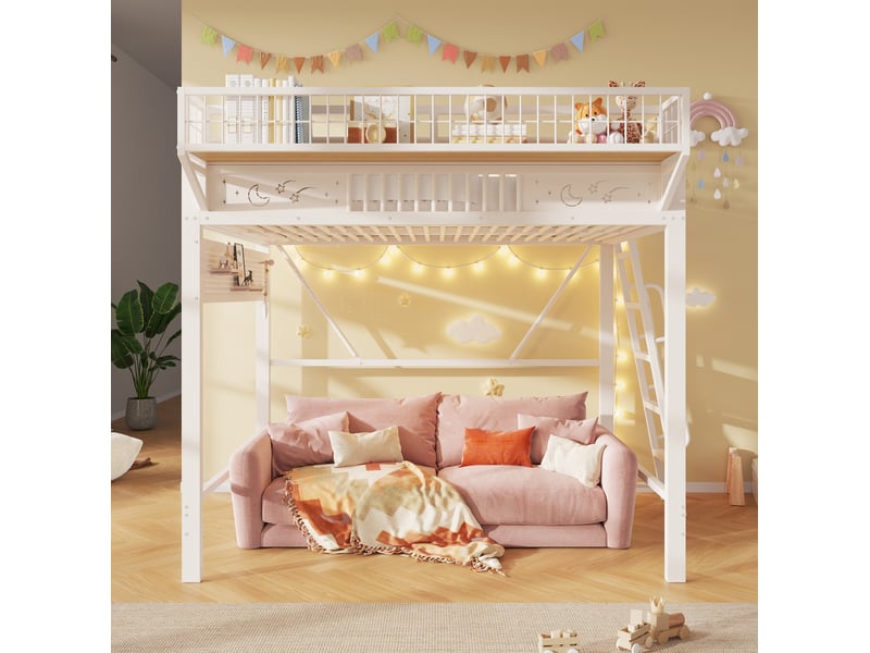  Lit mezzanine 140 × 200 cm 2 places avec rangements et espace ouvert, sans matelas, en métal, blanc  - Conforama C