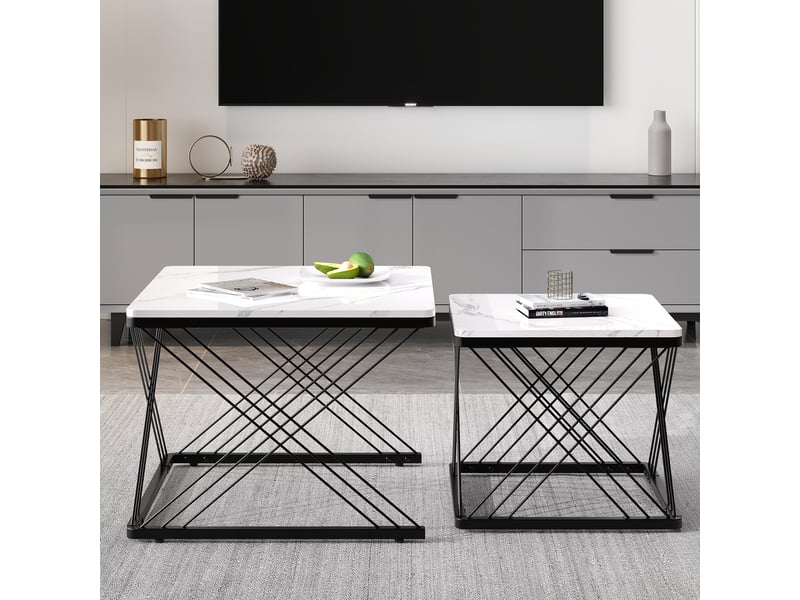  Lot de 2 tables basses carrées effet marbre brillant 60x60cm et 45x45cm blanc mdf  - Conforama W