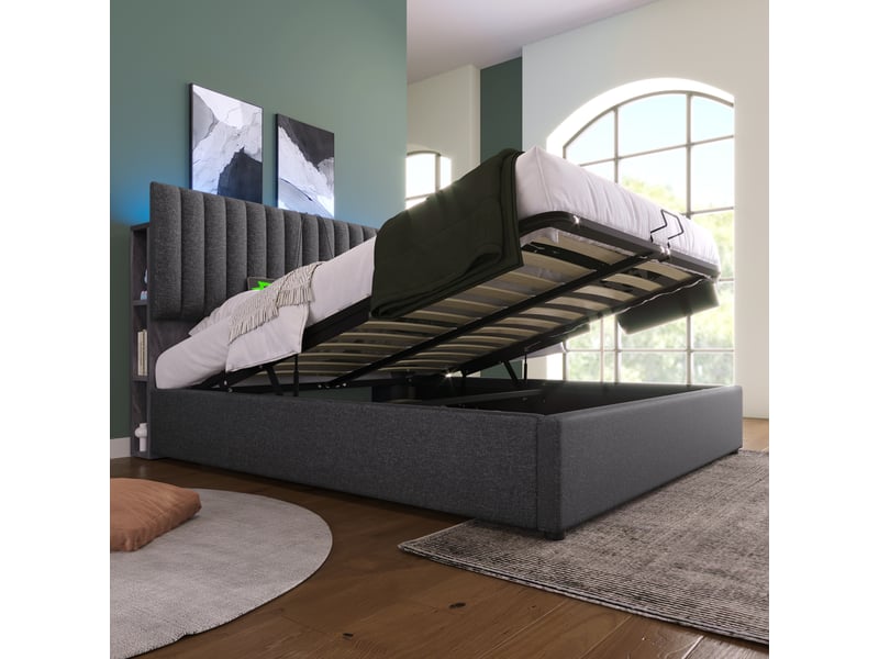 Lit coffre 140x200 cm - lit double capitonné avec éclairage led et port usb-c - matelas inclus - lin et métal - gris - Conforama D