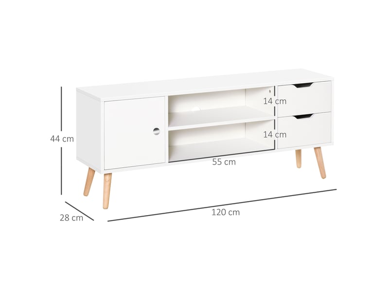  Meuble tv banc tv style scandinave placard 2 niches 2 tiroirs passe-fils panneaux particules blanc pin bois  - Conforama C