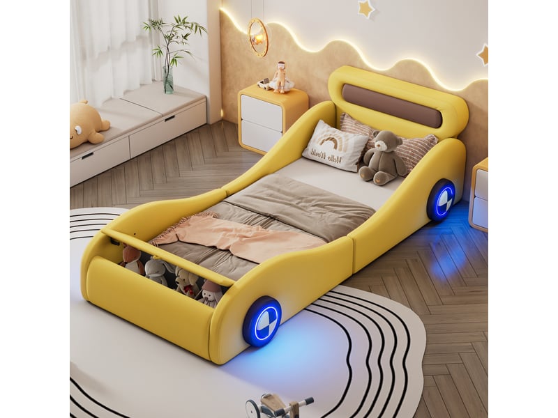  Lit enfant 90 × 200 cm 1 place avec led réglables et coffre, sans matelas, en pu jaune, forme voiture  - Conforama B