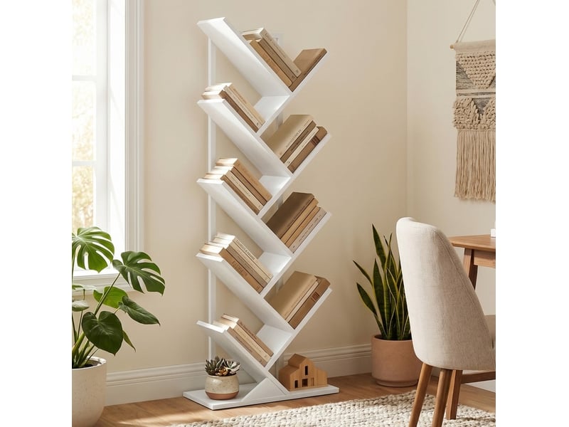  Bibliothèque arbre 50 x 24 x 136 cm blanche en bois et acier, style industriel, 9 niveaux pour livres et médias  - Conforama B
