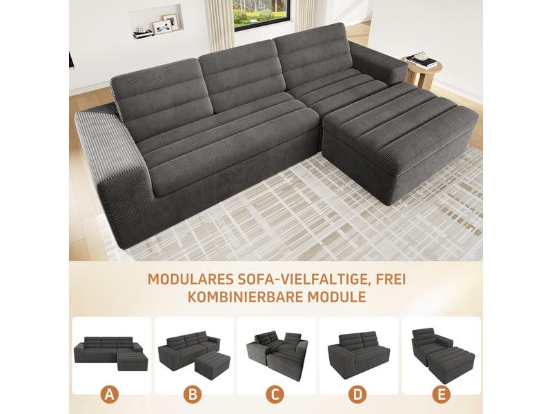  Canapé d'angle modulable 4 places en velours côtelé gris foncé  - Conforama D