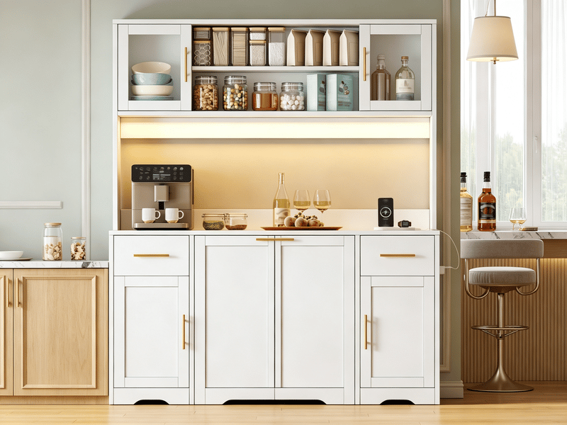 Meuble de cuisine avec plan de travail, tiroirs, double poubelle coulissante et vitrine, blanc, 173 × 140 × 40 cm - Conforama B